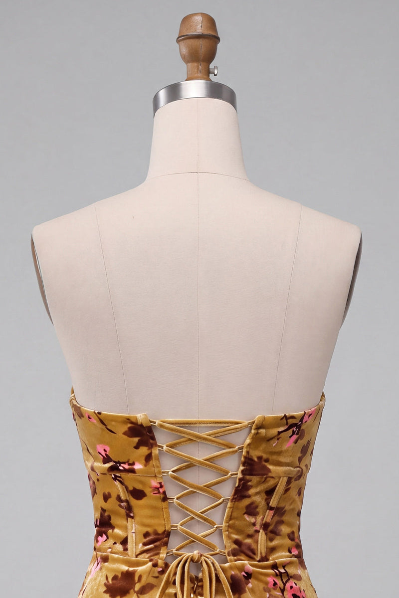 Laden Sie das Bild in den Galerie-Viewer, Ingwer-gelbes Korsett Bodycon Trägerloses Schlüsselloch Samt Kurzes Abendkleid