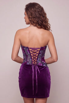Lila Samt Korsett Bodycon Trägerloses Gerafftes Blumiges Kurzes Abendkleid