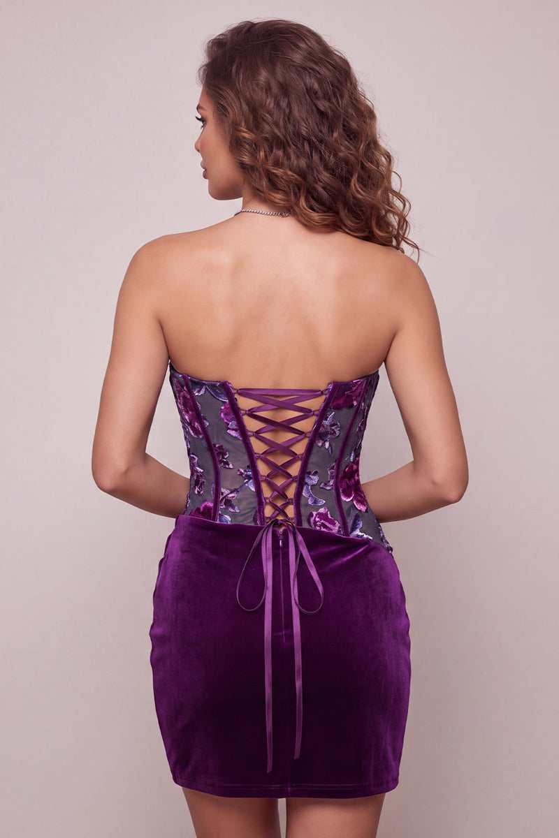 Laden Sie das Bild in den Galerie-Viewer, Lila Samt Korsett Bodycon Trägerloses Gerafftes Blumiges Kurzes Abendkleid
