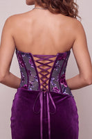 Laden Sie das Bild in den Galerie-Viewer, Lila Samt Korsett Bodycon Trägerloses Gerafftes Blumiges Kurzes Abendkleid