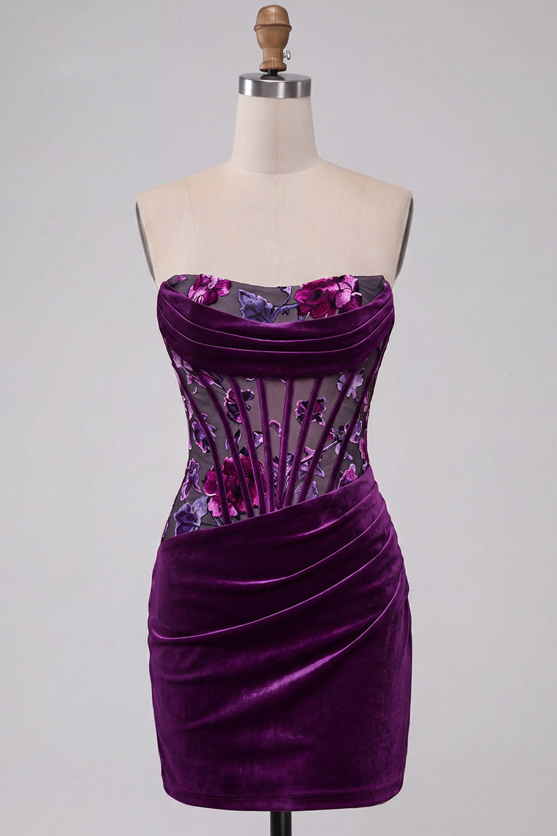Laden Sie das Bild in den Galerie-Viewer, Lila Samt Korsett Bodycon Trägerloses Gerafftes Blumiges Kurzes Abendkleid