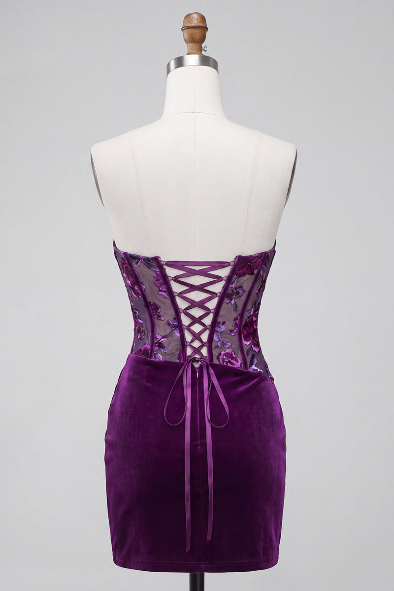 Laden Sie das Bild in den Galerie-Viewer, Lila Samt Korsett Bodycon Trägerloses Gerafftes Blumiges Kurzes Abendkleid