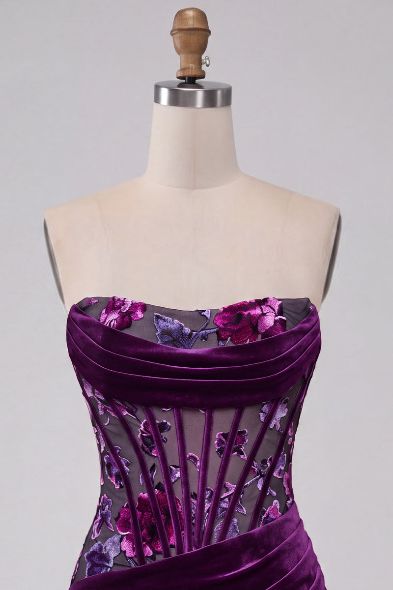 Laden Sie das Bild in den Galerie-Viewer, Lila Samt Korsett Bodycon Trägerloses Gerafftes Blumiges Kurzes Abendkleid