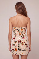 Laden Sie das Bild in den Galerie-Viewer, Champagner Floral Bodycon Samt Trägerloses Bedrucktes Kurzes Abendkleid mit Schlüsselloch