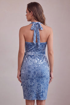 Schieferblaues Bodycon Halter Samt Kurzes Abendkleid mit Schärpe