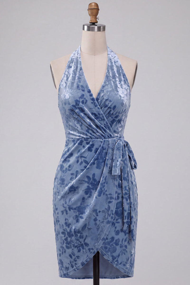 Laden Sie das Bild in den Galerie-Viewer, Schieferblaues Bodycon Halter Samt Kurzes Abendkleid mit Schärpe