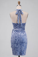 Laden Sie das Bild in den Galerie-Viewer, Schieferblaues Bodycon Halter Samt Kurzes Abendkleid mit Schärpe