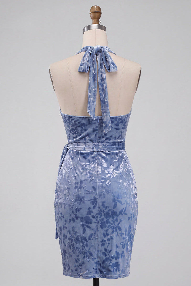 Laden Sie das Bild in den Galerie-Viewer, Schieferblaues Bodycon Halter Samt Kurzes Abendkleid mit Schärpe