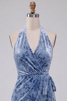 Laden Sie das Bild in den Galerie-Viewer, Schieferblaues Bodycon Halter Samt Kurzes Abendkleid mit Schärpe