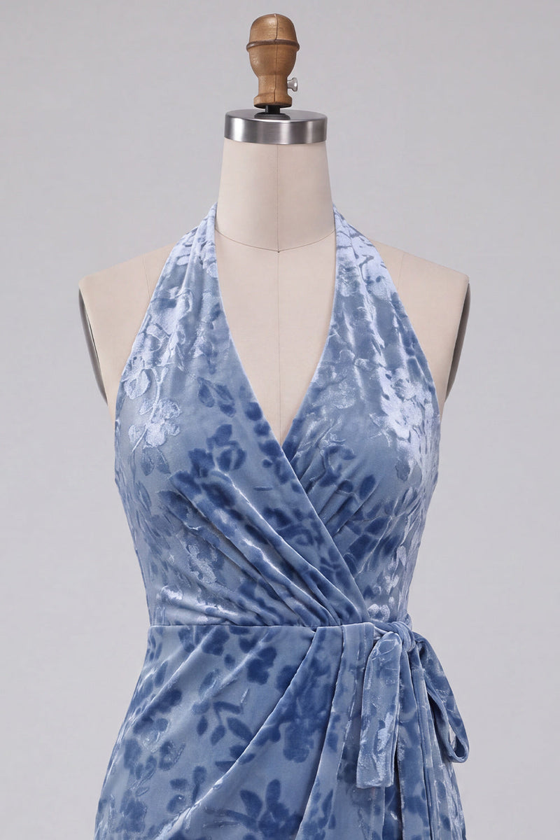 Laden Sie das Bild in den Galerie-Viewer, Schieferblaues Bodycon Halter Samt Kurzes Abendkleid mit Schärpe
