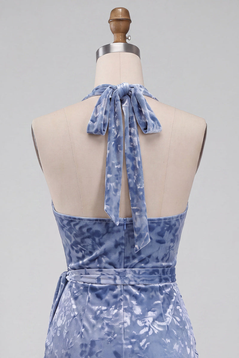 Laden Sie das Bild in den Galerie-Viewer, Schieferblaues Bodycon Halter Samt Kurzes Abendkleid mit Schärpe