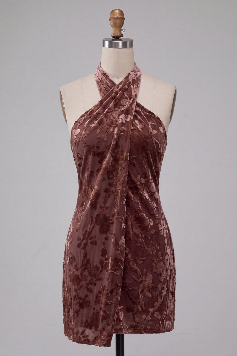 Laden Sie das Bild in den Galerie-Viewer, Khaki Bodycon Neckholder Burnout Samt Kurzes Cocktailkleid