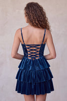 Laden Sie das Bild in den Galerie-Viewer, Marineblaues A-Linie Korsett Burnout Samt Rüschen Kurzes Abendkleid mit Schnürung