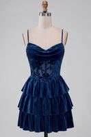 Laden Sie das Bild in den Galerie-Viewer, Marineblaues A-Linie Korsett Burnout Samt Rüschen Kurzes Abendkleid mit Schnürung