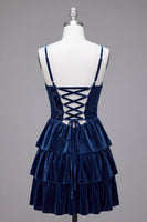 Laden Sie das Bild in den Galerie-Viewer, Marineblaues A-Linie Korsett Burnout Samt Rüschen Kurzes Abendkleid mit Schnürung