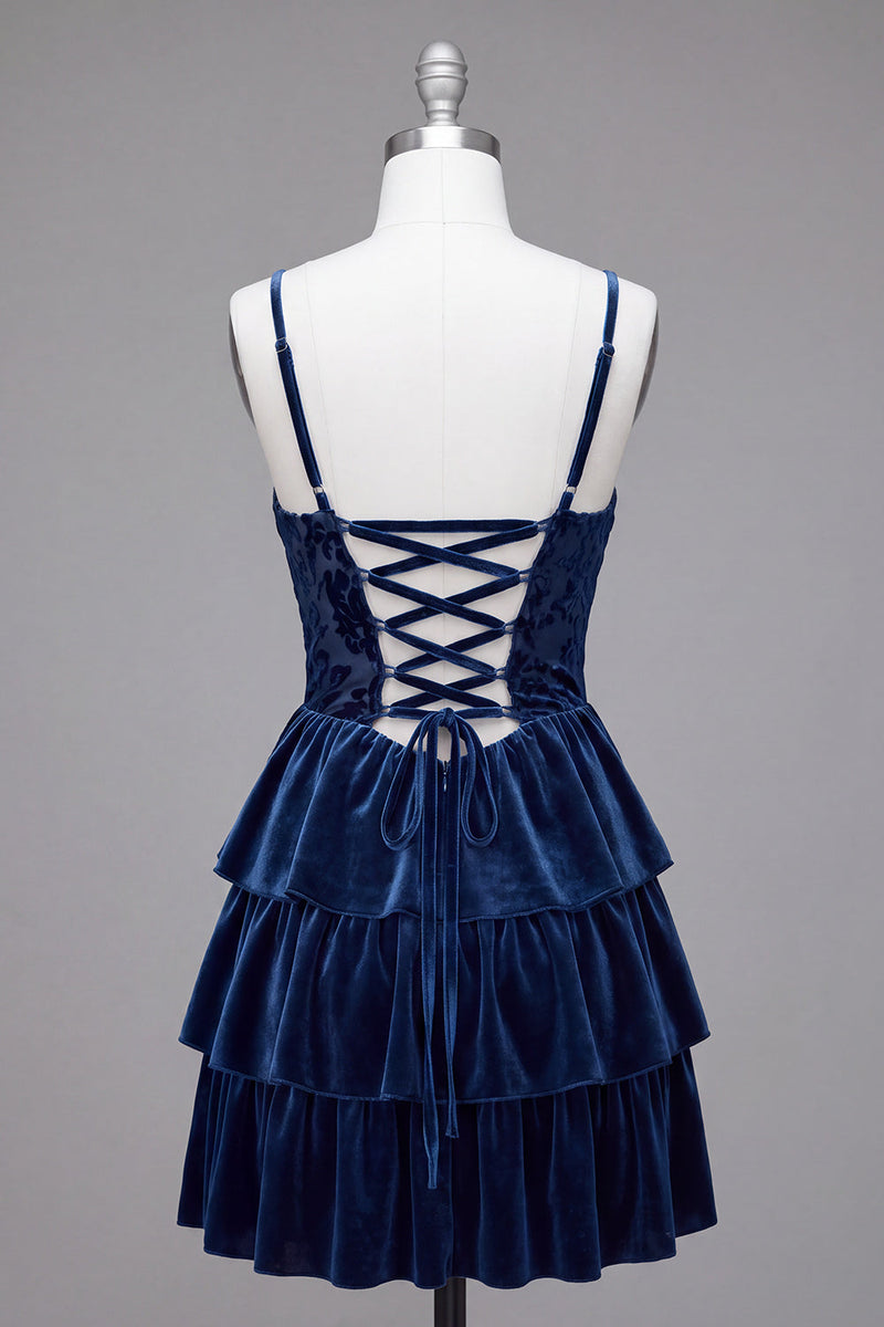 Laden Sie das Bild in den Galerie-Viewer, Marineblaues A-Linie Korsett Burnout Samt Rüschen Kurzes Abendkleid mit Schnürung