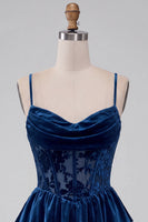 Laden Sie das Bild in den Galerie-Viewer, Marineblaues A-Linie Korsett Burnout Samt Rüschen Kurzes Abendkleid mit Schnürung