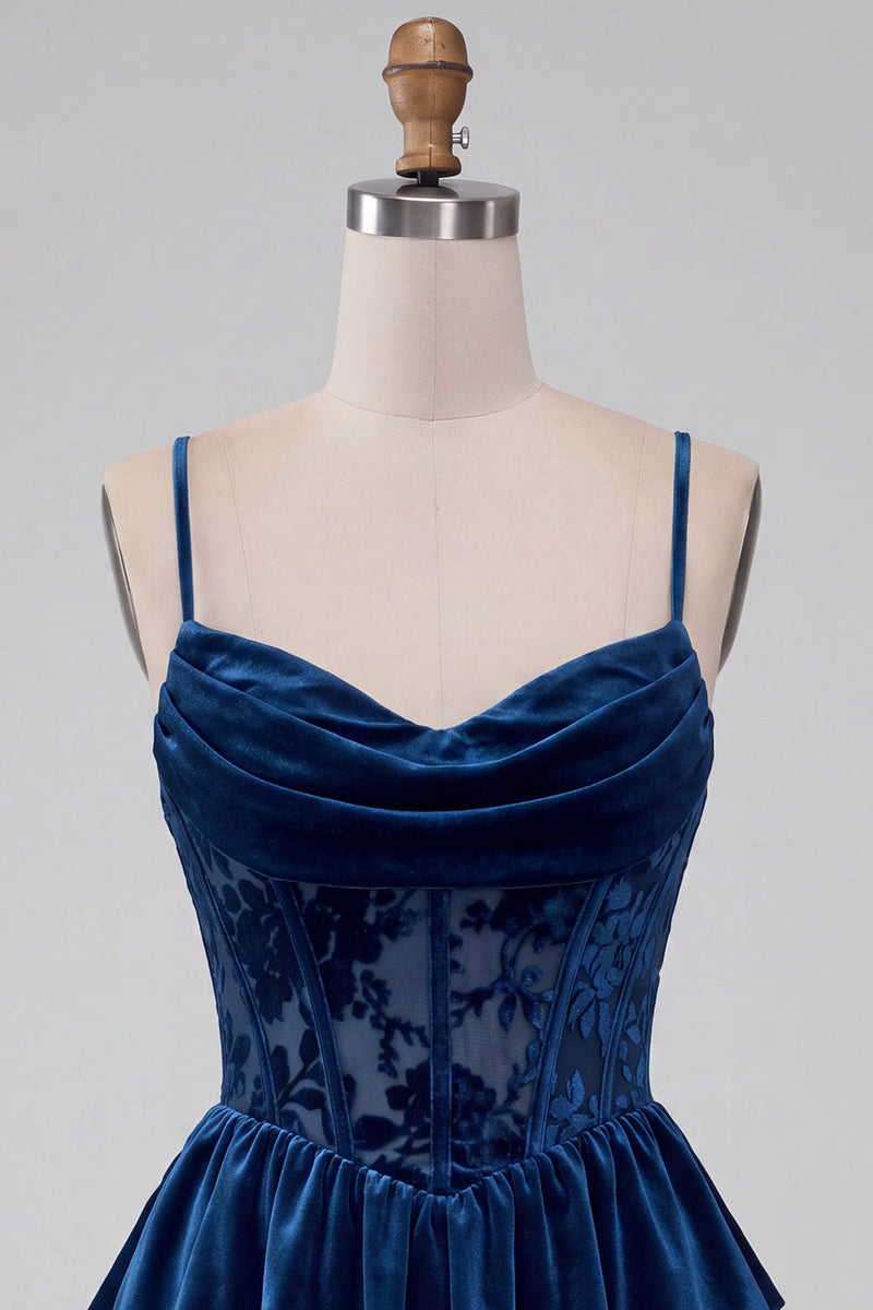 Laden Sie das Bild in den Galerie-Viewer, Marineblaues A-Linie Korsett Burnout Samt Rüschen Kurzes Abendkleid mit Schnürung