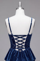 Laden Sie das Bild in den Galerie-Viewer, Marineblaues A-Linie Korsett Burnout Samt Rüschen Kurzes Abendkleid mit Schnürung