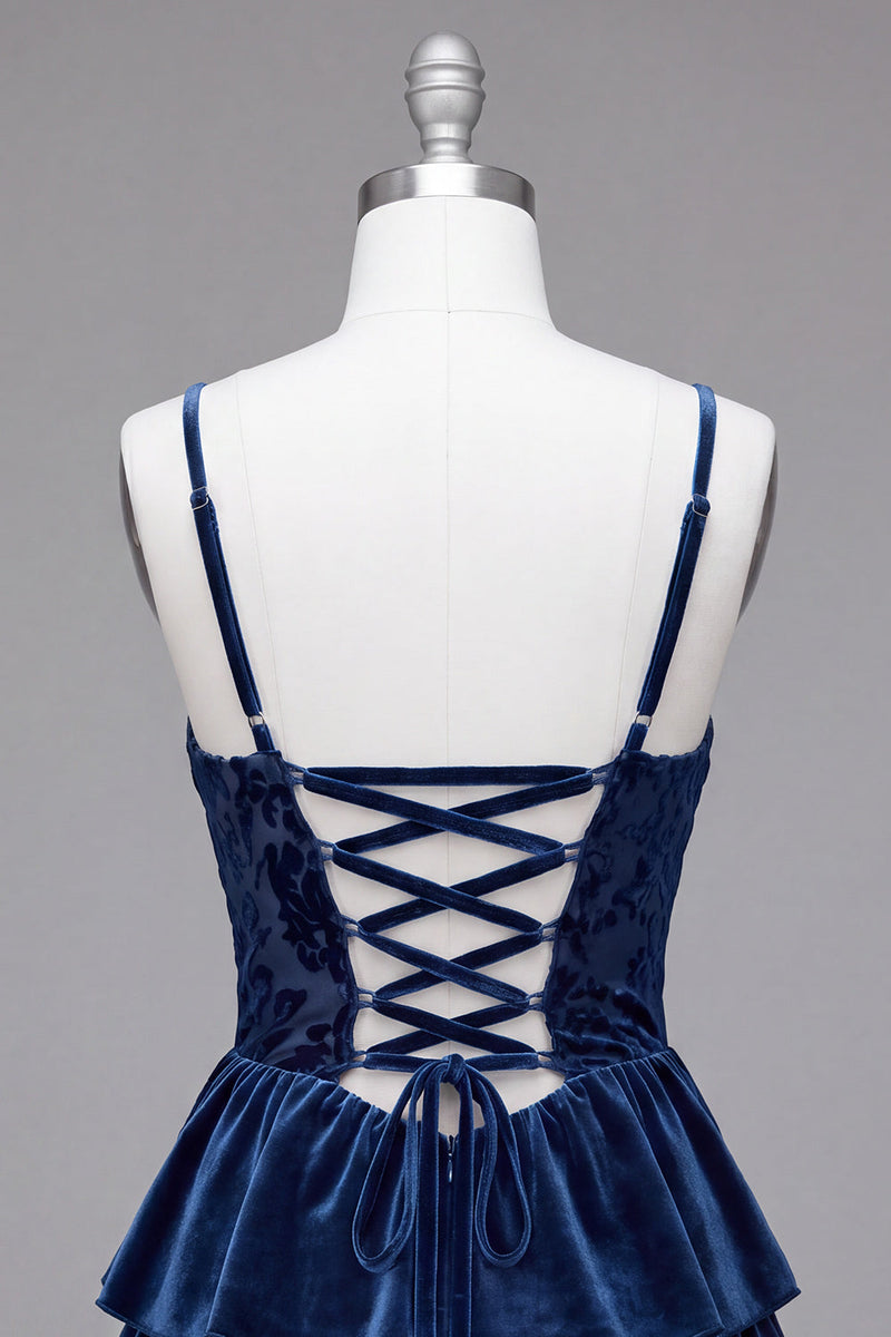 Laden Sie das Bild in den Galerie-Viewer, Marineblaues A-Linie Korsett Burnout Samt Rüschen Kurzes Abendkleid mit Schnürung