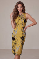 Laden Sie das Bild in den Galerie-Viewer, Ingwergelbe Scheide Schlüsselloch Blumen Midi Hochzeitsgastkleid