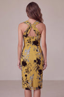 Laden Sie das Bild in den Galerie-Viewer, Ingwergelbe Scheide Schlüsselloch Blumen Midi Hochzeitsgastkleid