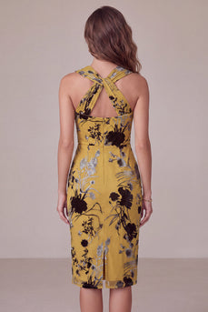 Ingwergelbe Scheide Schlüsselloch Blumen Midi Hochzeitsgastkleid