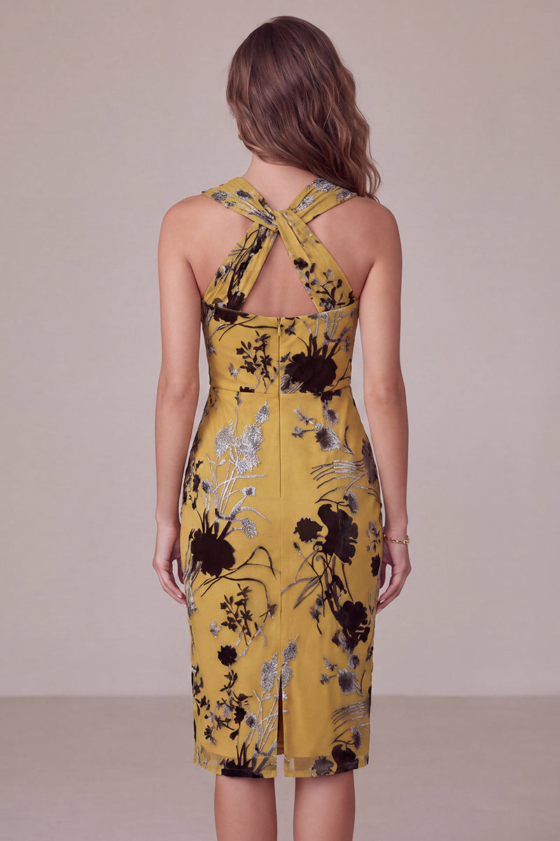 Laden Sie das Bild in den Galerie-Viewer, Ingwergelbe Scheide Schlüsselloch Blumen Midi Hochzeitsgastkleid