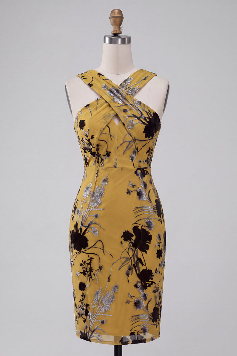 Laden Sie das Bild in den Galerie-Viewer, Ingwergelbe Scheide Schlüsselloch Blumen Midi Hochzeitsgastkleid