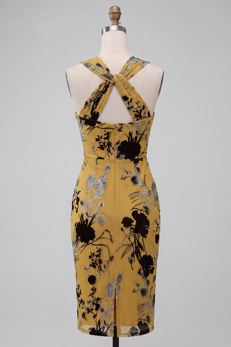 Laden Sie das Bild in den Galerie-Viewer, Ingwergelbe Scheide Schlüsselloch Blumen Midi Hochzeitsgastkleid