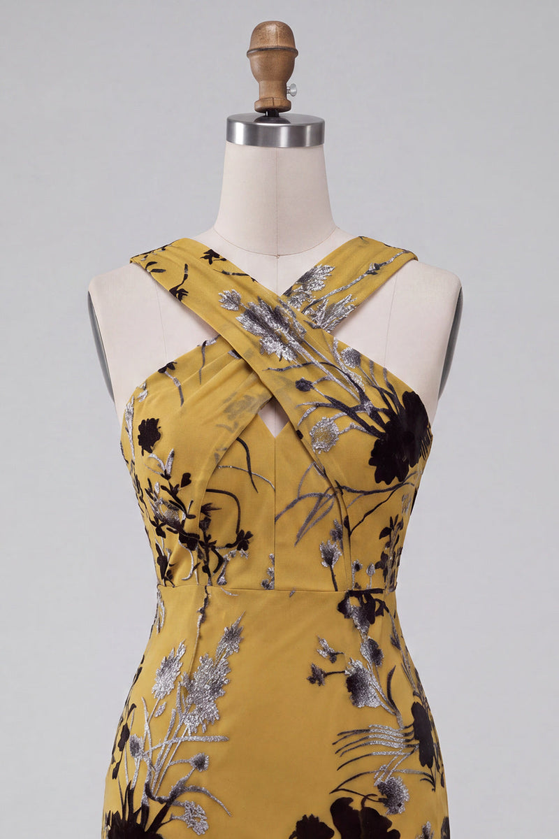 Laden Sie das Bild in den Galerie-Viewer, Ingwergelbe Scheide Schlüsselloch Blumen Midi Hochzeitsgastkleid