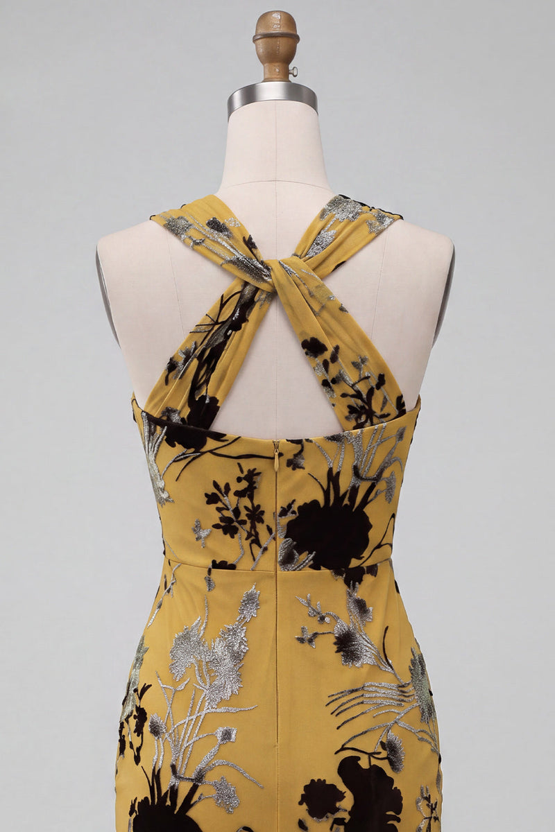 Laden Sie das Bild in den Galerie-Viewer, Ingwergelbe Scheide Schlüsselloch Blumen Midi Hochzeitsgastkleid