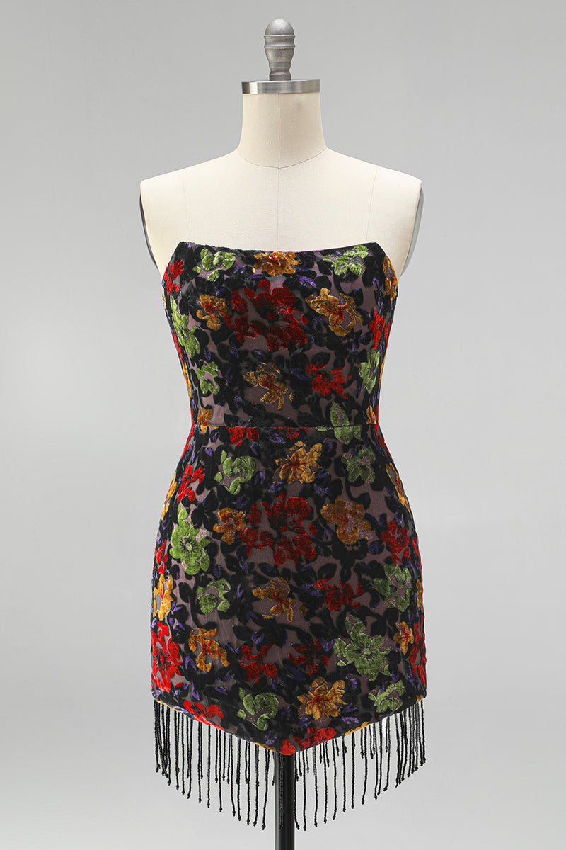 Laden Sie das Bild in den Galerie-Viewer, Schwarzes Bodycon Trägerloses Kurzes Abendkleid mit Blumenmuster und Fransen