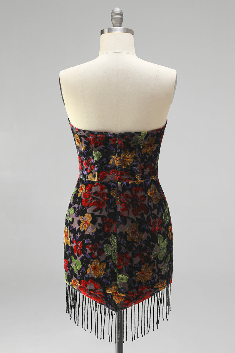 Laden Sie das Bild in den Galerie-Viewer, Schwarzes Bodycon Trägerloses Kurzes Abendkleid mit Blumenmuster und Fransen