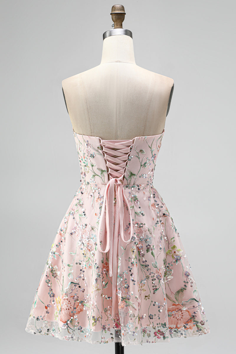 Laden Sie das Bild in den Galerie-Viewer, Blush Trägerlose A-Linie Pailletten Blumenstickerei Kurzes Abendkleid