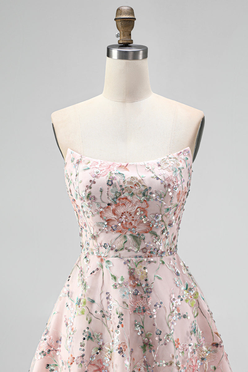 Laden Sie das Bild in den Galerie-Viewer, Blush Trägerlose A-Linie Pailletten Blumenstickerei Kurzes Abendkleid