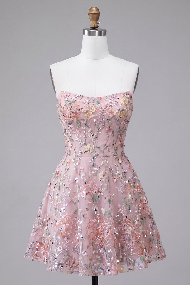 Laden Sie das Bild in den Galerie-Viewer, Blush Trägerlose A-Linie Pailletten Blumenstickerei Kurzes Abendkleid