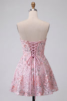 Laden Sie das Bild in den Galerie-Viewer, Blush Trägerlose A-Linie Pailletten Blumenstickerei Kurzes Abendkleid
