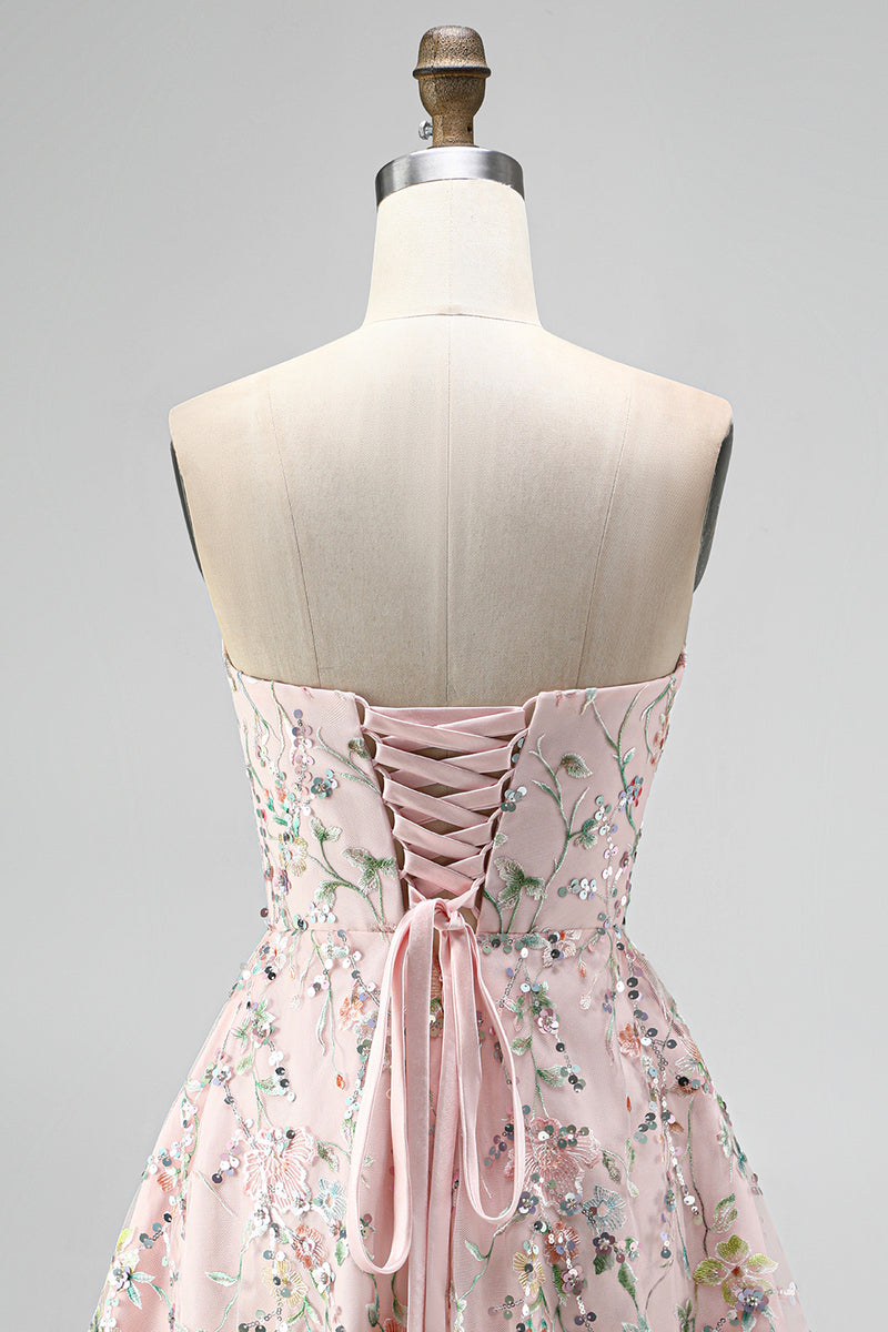 Laden Sie das Bild in den Galerie-Viewer, Blush Trägerlose A-Linie Pailletten Blumenstickerei Kurzes Abendkleid