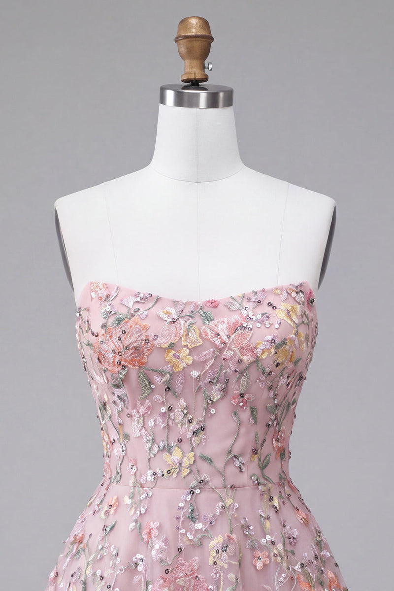 Laden Sie das Bild in den Galerie-Viewer, Blush Trägerlose A-Linie Pailletten Blumenstickerei Kurzes Abendkleid