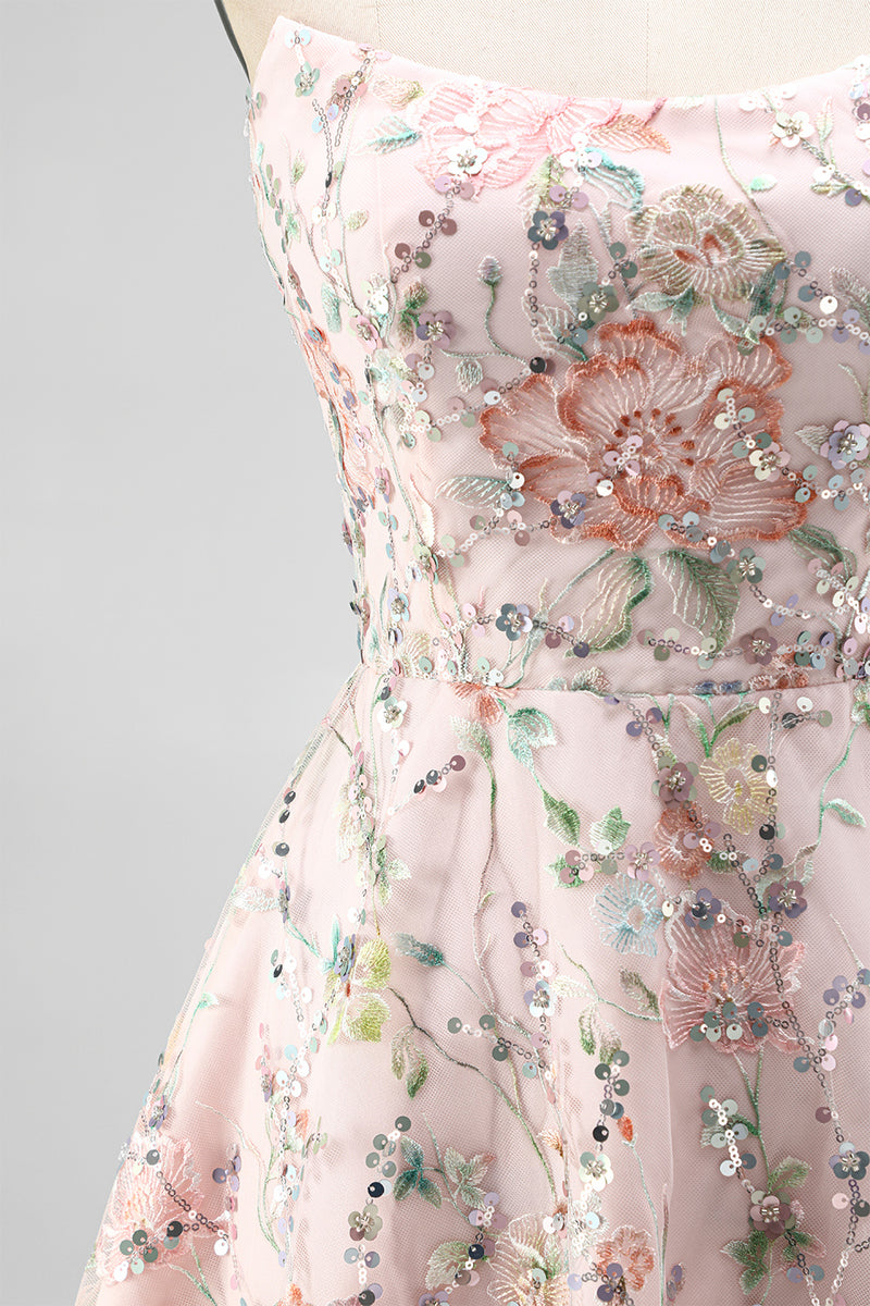 Laden Sie das Bild in den Galerie-Viewer, Blush Trägerlose A-Linie Pailletten Blumenstickerei Kurzes Abendkleid