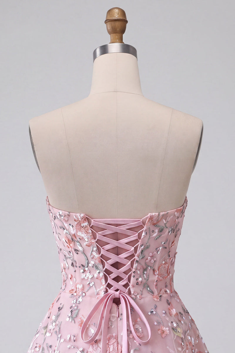 Laden Sie das Bild in den Galerie-Viewer, Blush Trägerlose A-Linie Pailletten Blumenstickerei Kurzes Abendkleid