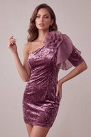 Laden Sie das Bild in den Galerie-Viewer, Vintage Mauve Samt Bodycon Cocktailkleid mit 3D-Blume