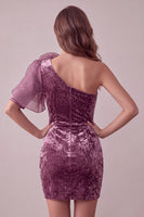 Laden Sie das Bild in den Galerie-Viewer, Vintage Mauve Samt Bodycon Cocktailkleid mit 3D-Blume