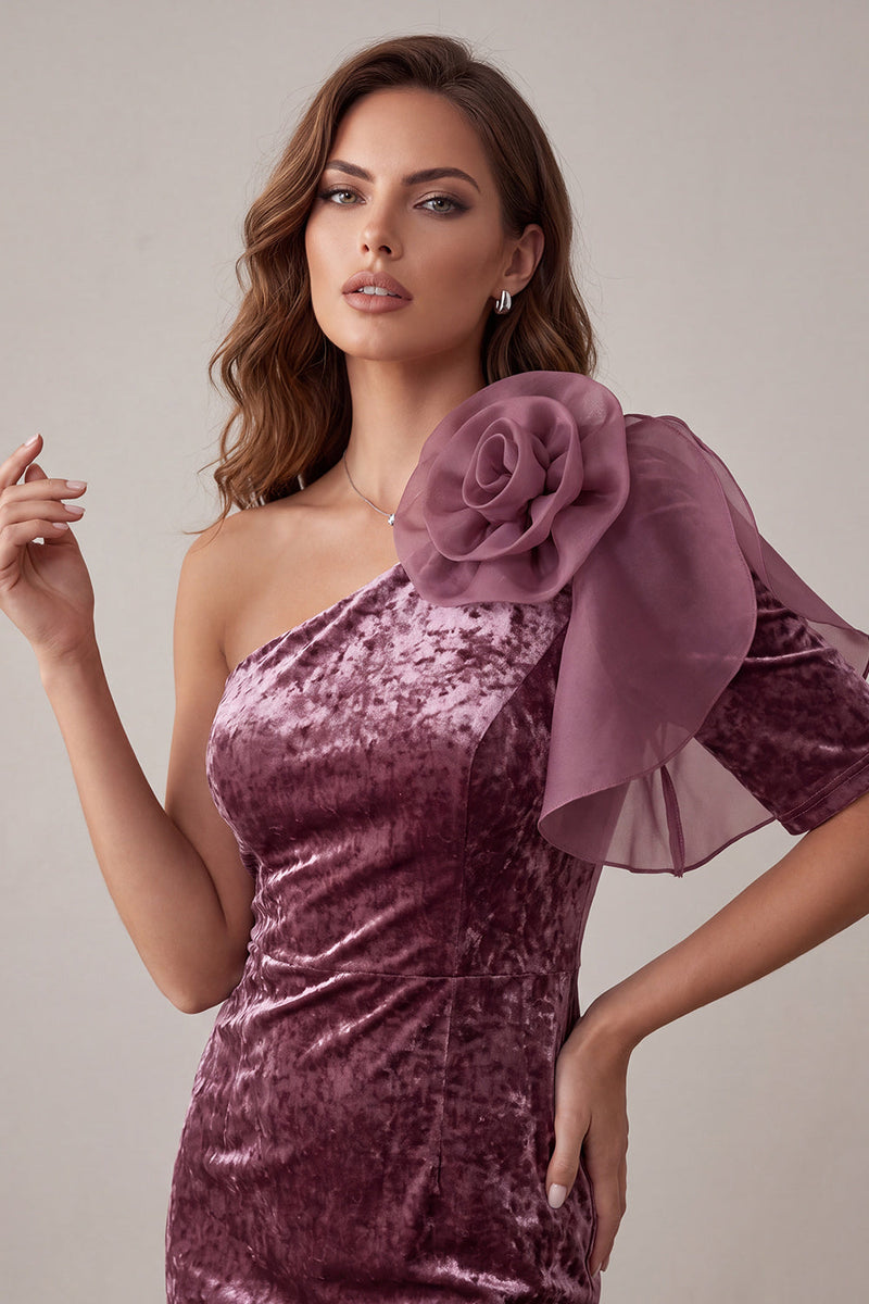 Laden Sie das Bild in den Galerie-Viewer, Vintage Mauve Samt Bodycon Cocktailkleid mit 3D-Blume