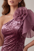 Laden Sie das Bild in den Galerie-Viewer, Vintage Mauve Samt Bodycon Cocktailkleid mit 3D-Blume
