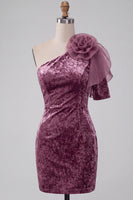 Laden Sie das Bild in den Galerie-Viewer, Vintage Mauve Samt Bodycon Cocktailkleid mit 3D-Blume