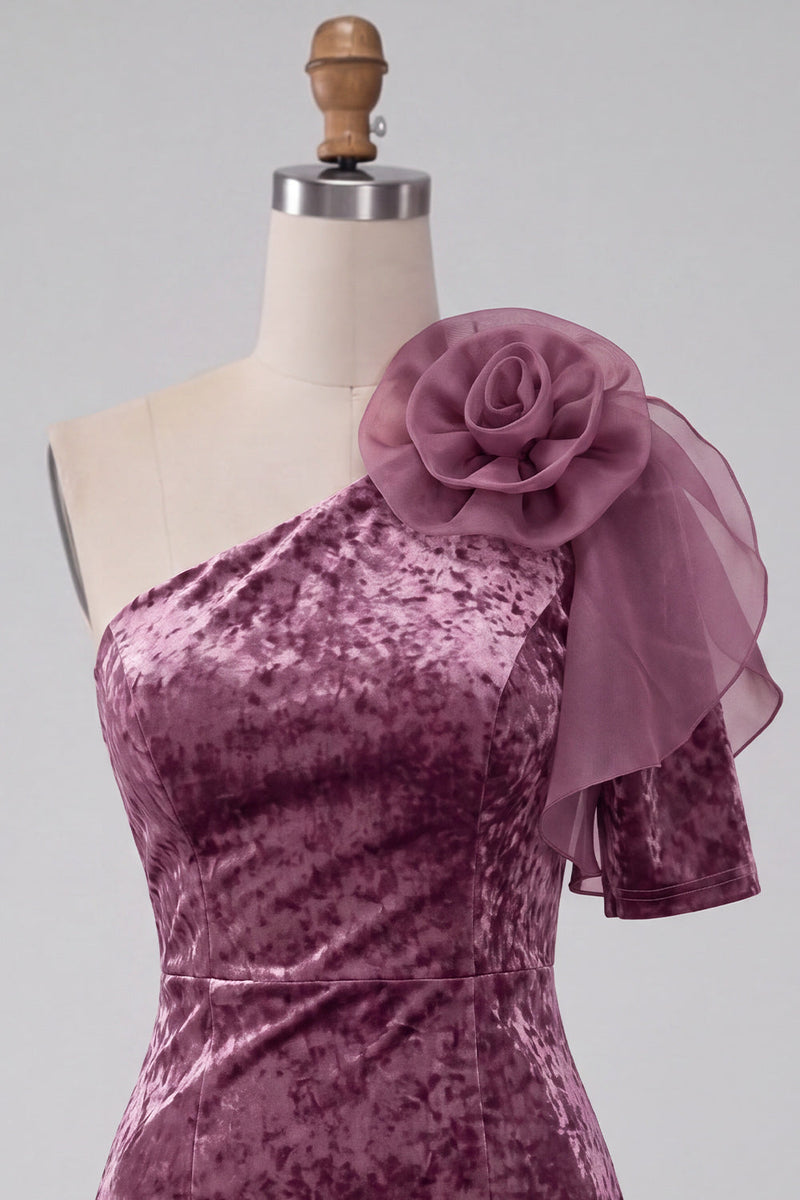 Laden Sie das Bild in den Galerie-Viewer, Vintage Mauve Samt Bodycon Cocktailkleid mit 3D-Blume