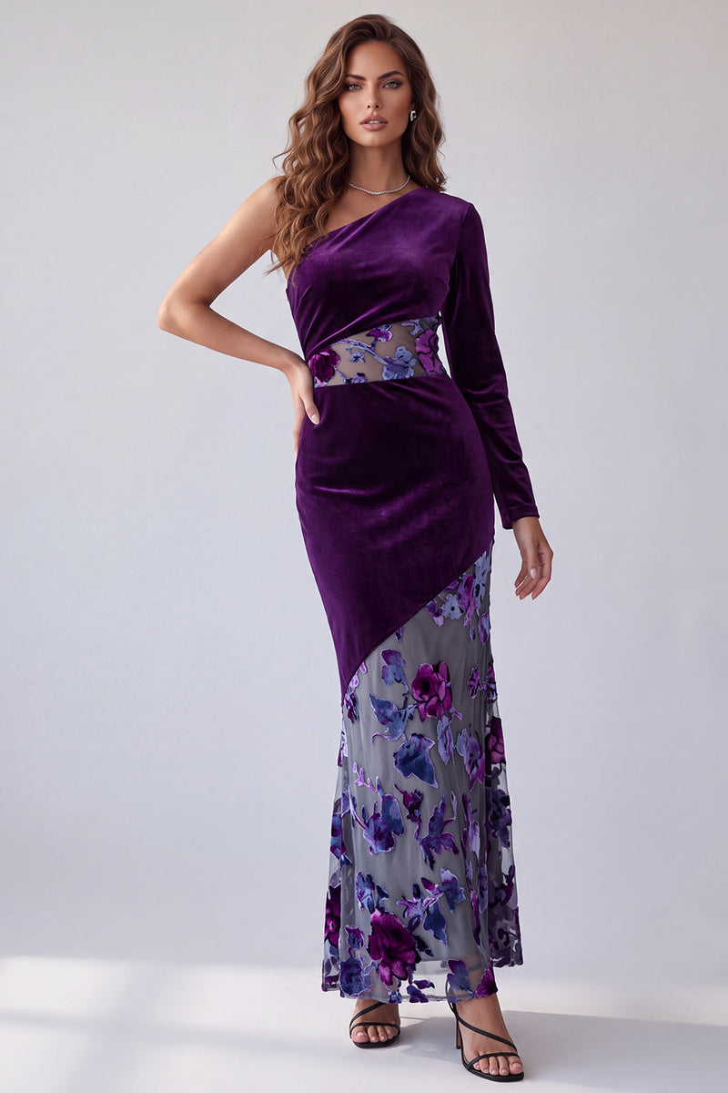 Laden Sie das Bild in den Galerie-Viewer, Pflaumensamt-Einschulter-Scheide Lange Abendkleid mit Blume