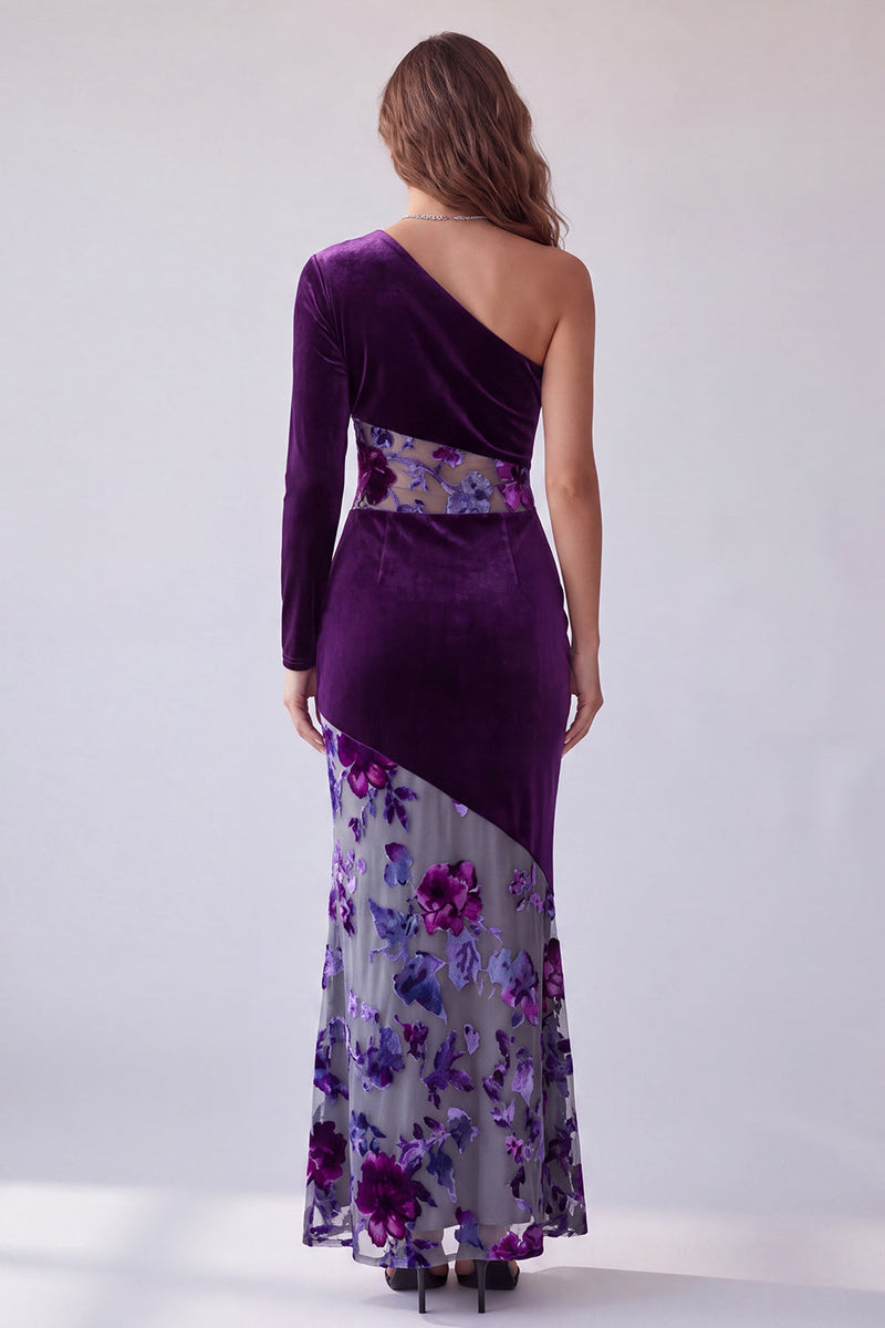 Laden Sie das Bild in den Galerie-Viewer, Pflaumensamt-Einschulter-Scheide Lange Abendkleid mit Blume